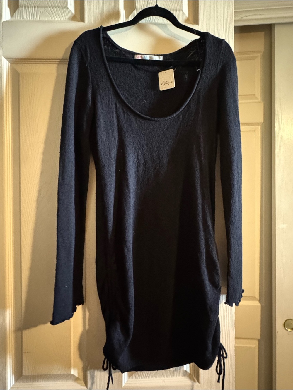 Free People- Black Long Sleeve Beach Scoop Neck Dress with Side Ties